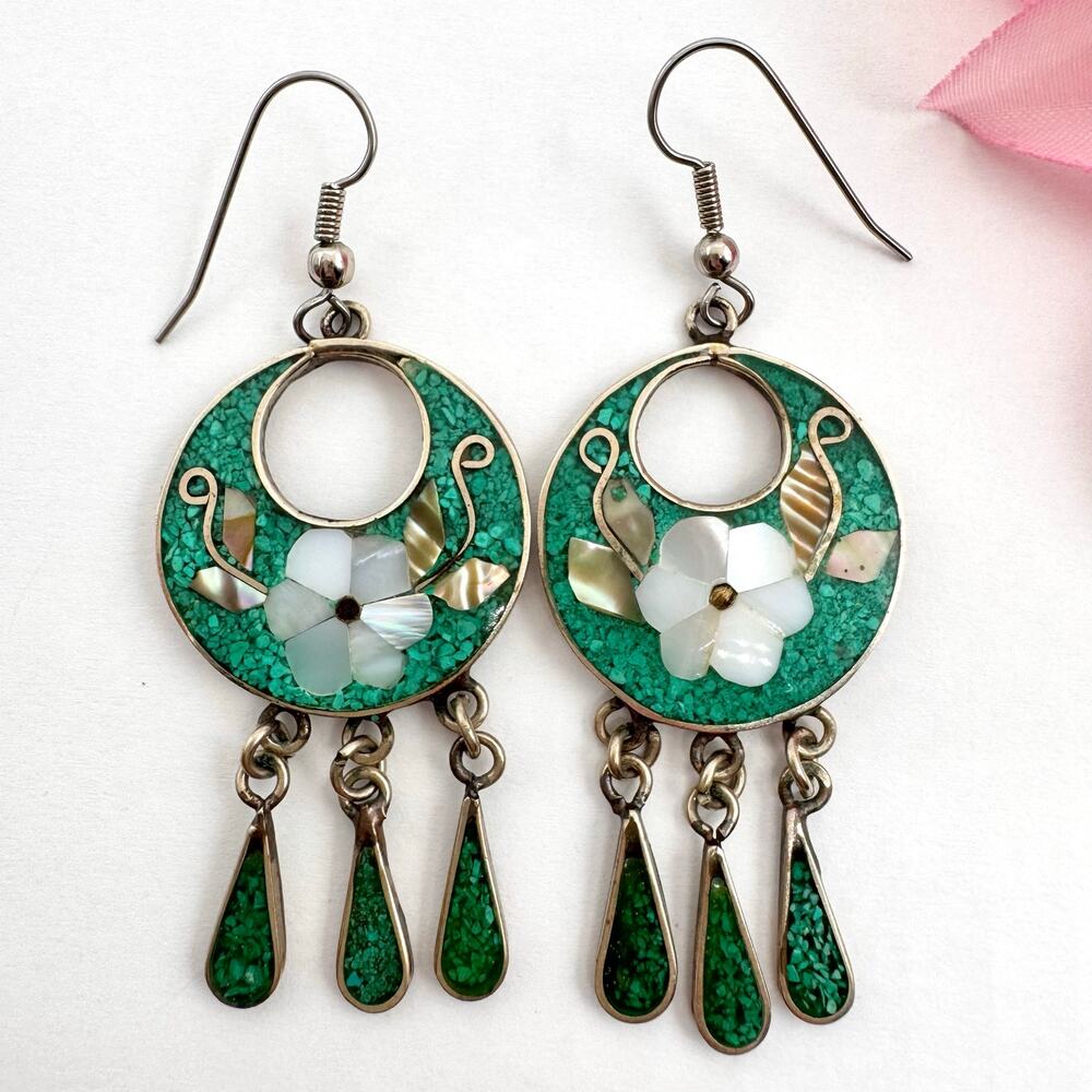 Alpaca Chandelier Earrings Shell Flower Inlay Teal Mosaic Floral Beach Mexico